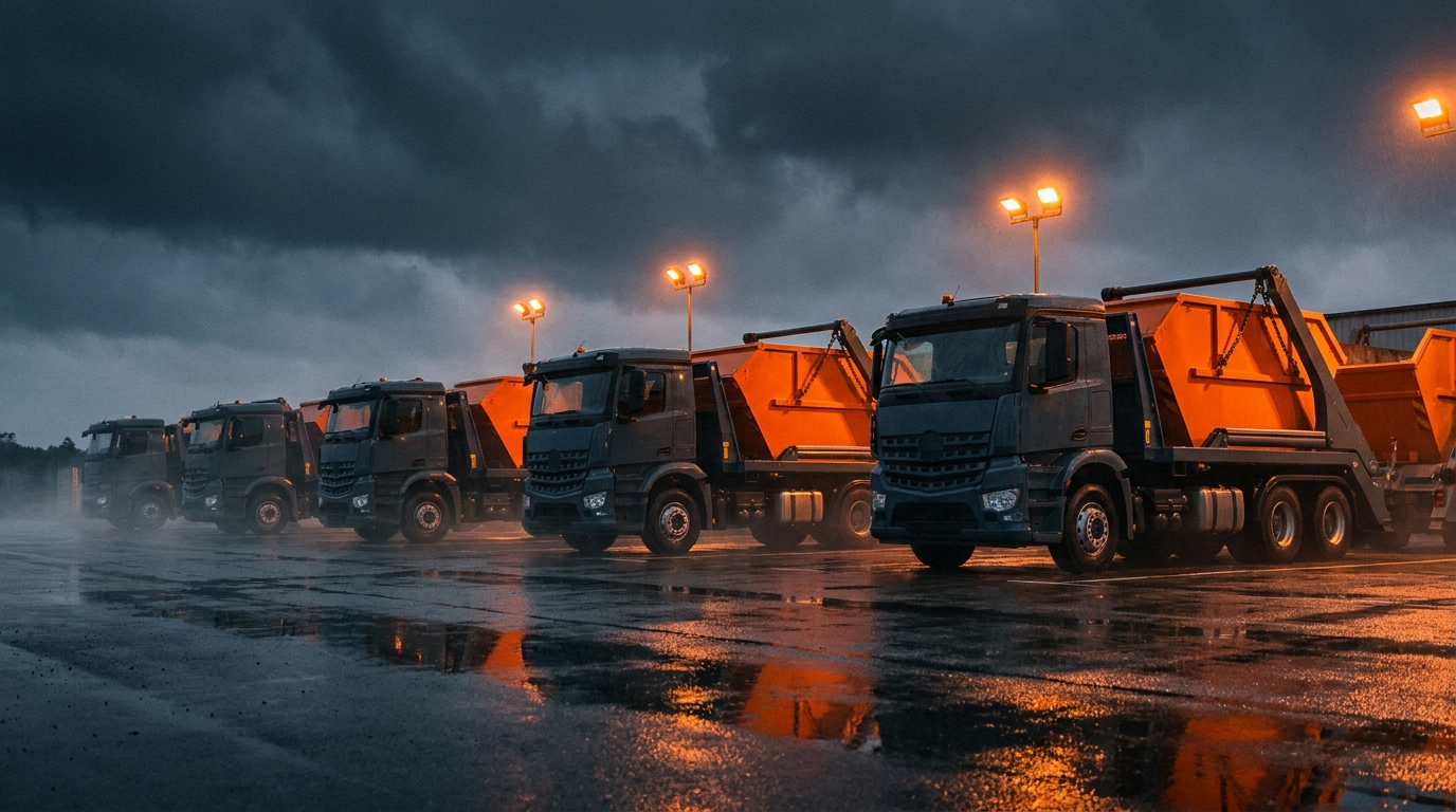 Skip Hire Group hook lift trucks carrying orange skip bins, lined up at the depot at dusk