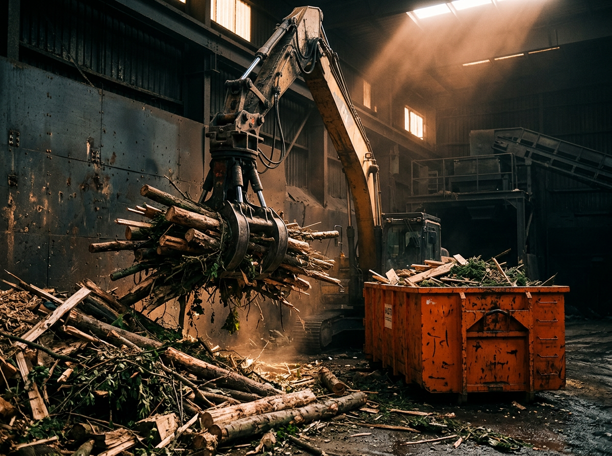 Excavator claw sorting timber and green waste beside an orange Skip Hire Group bin